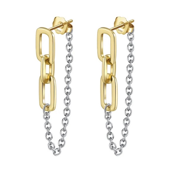 925 Sterling Silver Jewelry - Sterling Silver Two-Tone Chain Link Drop Earrings